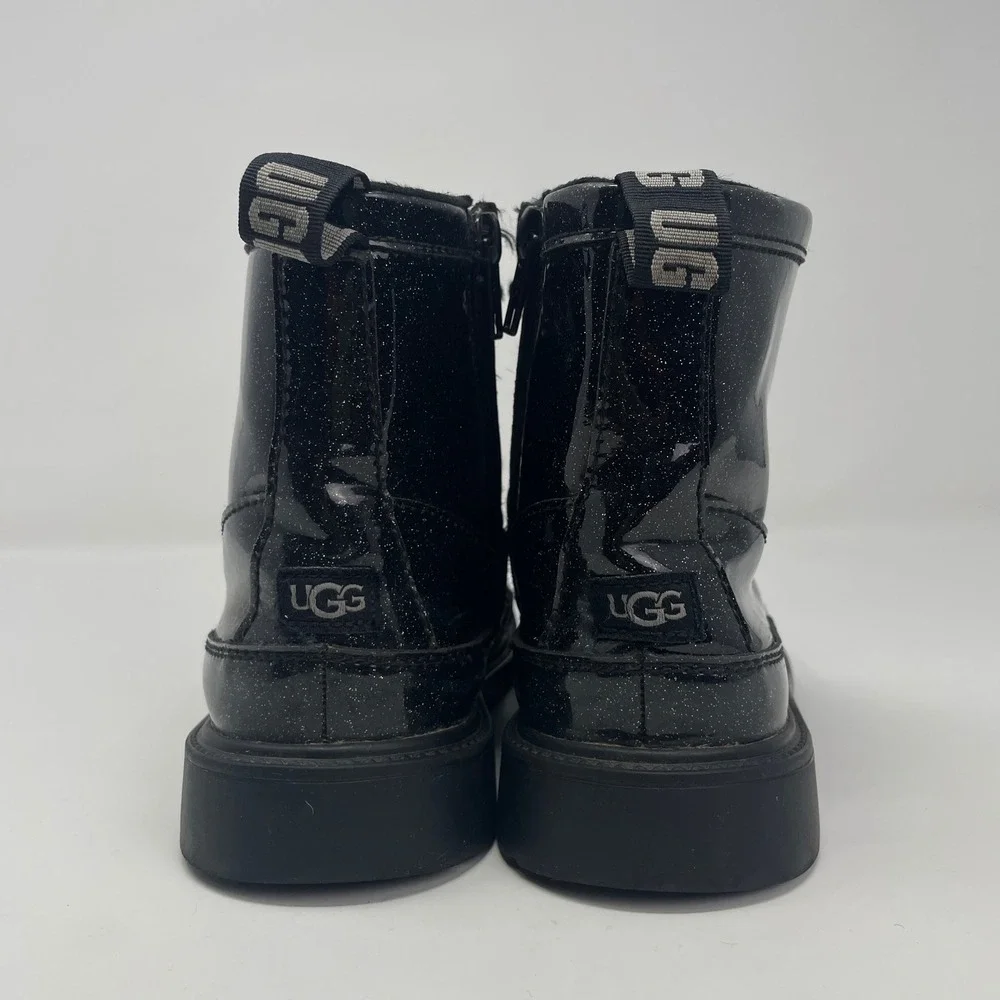 UGG Robley‎ Glitter Boot Black Lace Up Zip Winter Kids 4 Youth Patent Leather